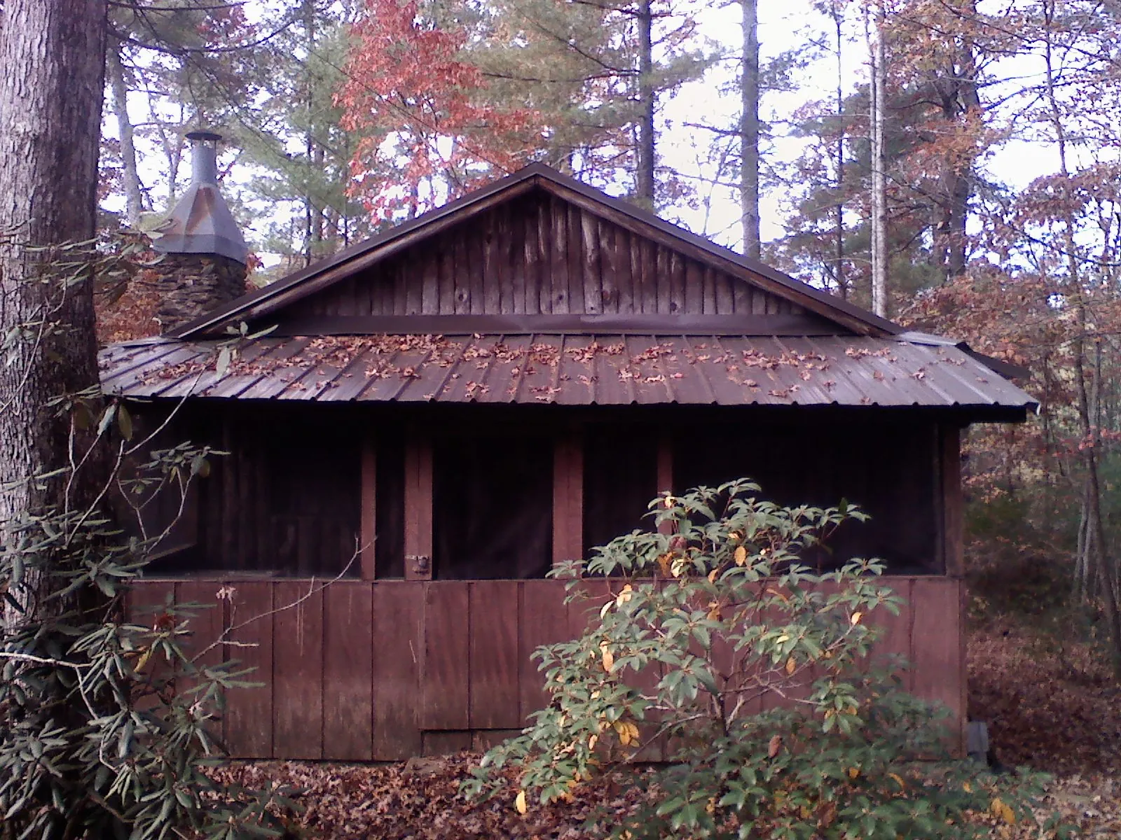 Metal roof over the screened porch of a rustic cabin in Randolph
